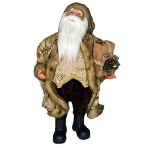 VTG 24" Santa Claus Figure Gold Brocade Faux Fur Coat Freestanding Christmas